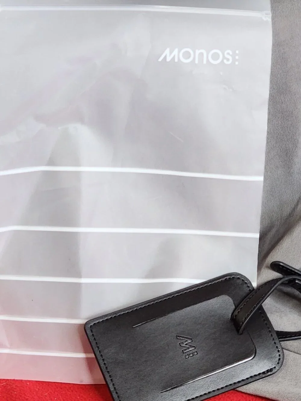 Monos Midnight Black Vegan Leather Watch Band Safety Luggage Tag w/Address Card